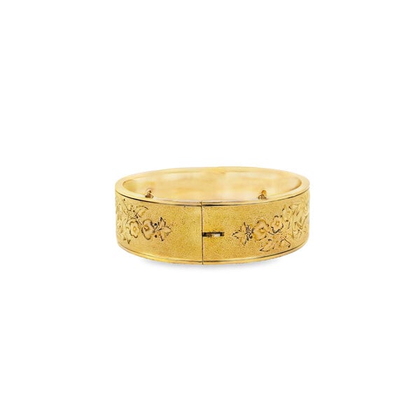 Gold Filled Victorian 16mm Enamel Etched Bangle 6.5" w Safety Chain