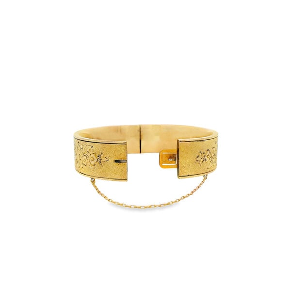 Gold Filled Victorian 16mm Enamel Etched Bangle 6.5" w Safety Chain