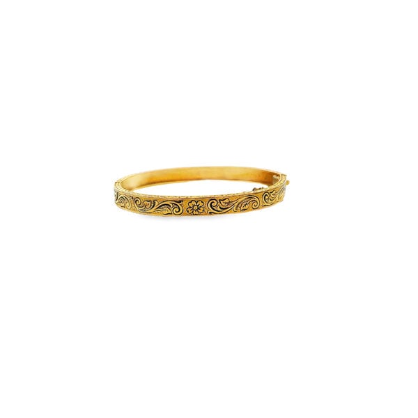 Gold Filled Victorian 5mm Enamel Filigree Hinged Baby Bangle 6" w Safety Chain