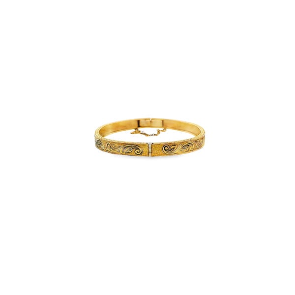 Gold Filled Victorian 5mm Enamel Filigree Hinged Baby Bangle 6" w Safety Chain