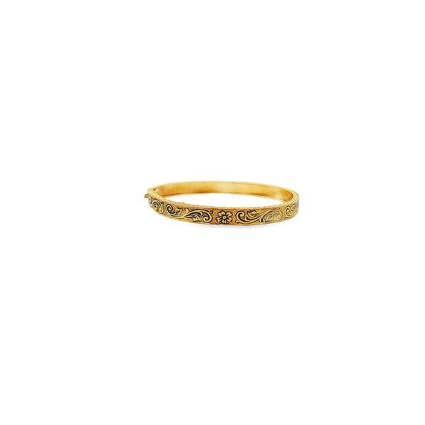 Gold Filled Victorian 5mm Enamel Filigree Hinged Baby Bangle 6" w Safety Chain