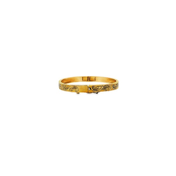 Gold Filled Victorian 5mm Enamel Filigree Hinged Baby Bangle 6" w Safety Chain
