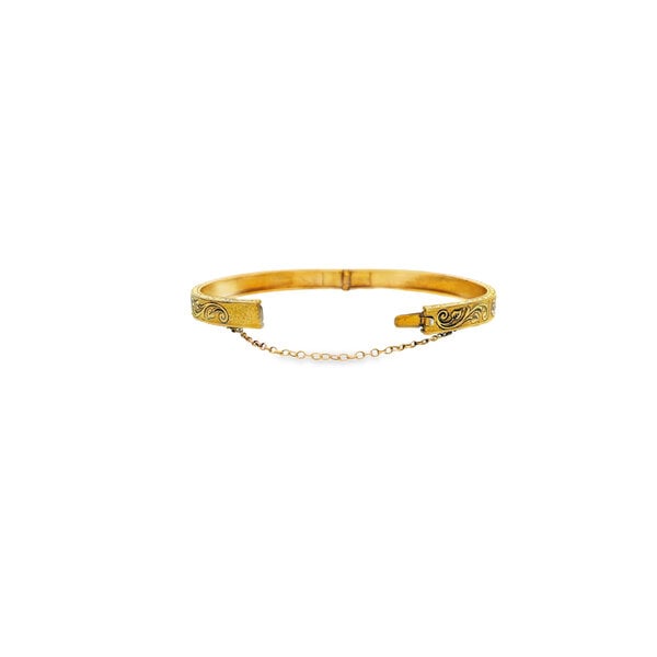 Gold Filled Victorian 5mm Enamel Filigree Hinged Baby Bangle 6" w Safety Chain