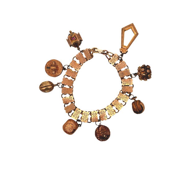 Gold Filled 11mm Textured Link Charm Bracelet with 8 Charms 8"