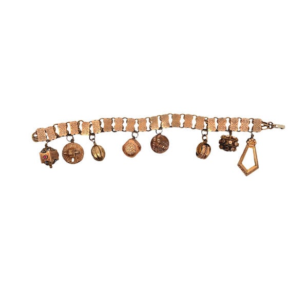 Gold Filled 11mm Textured Link Charm Bracelet with 8 Charms 8"