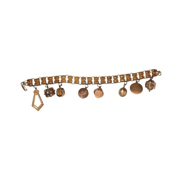 Gold Filled 11mm Textured Link Charm Bracelet with 8 Charms 8"
