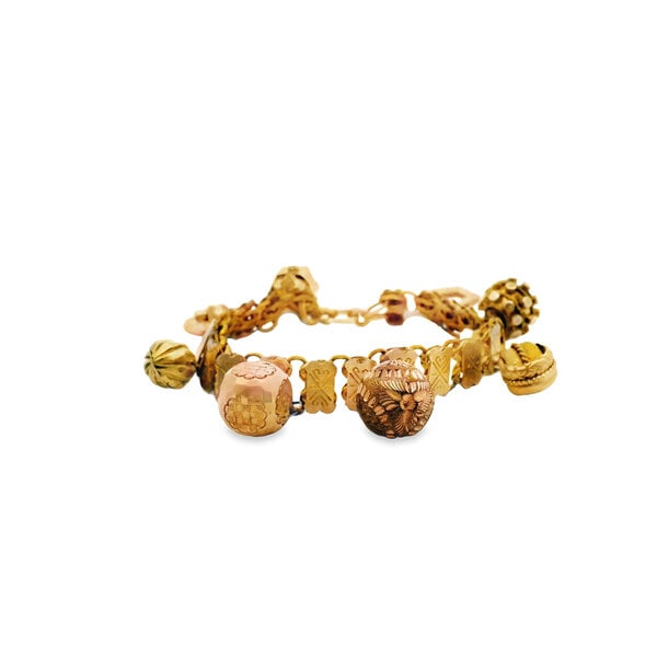 Gold Filled 11mm Textured Link Charm Bracelet with 8 Charms 8"