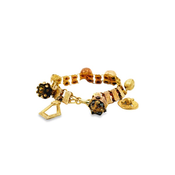 Gold Filled 11mm Textured Link Charm Bracelet with 8 Charms 8"
