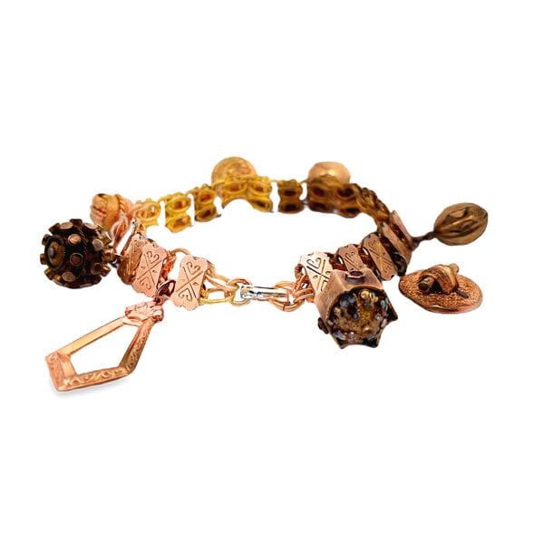 Gold Filled 11mm Textured Link Charm Bracelet with 8 Charms 8"