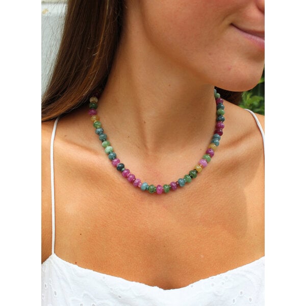 Gold Filled Mixed Color Tourmaline & Jade Beaded Necklace 16"-18.5" Adjustable