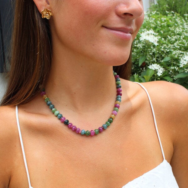 Gold Filled Mixed Color Tourmaline & Jade Beaded Necklace 16"-18.5" Adjustable