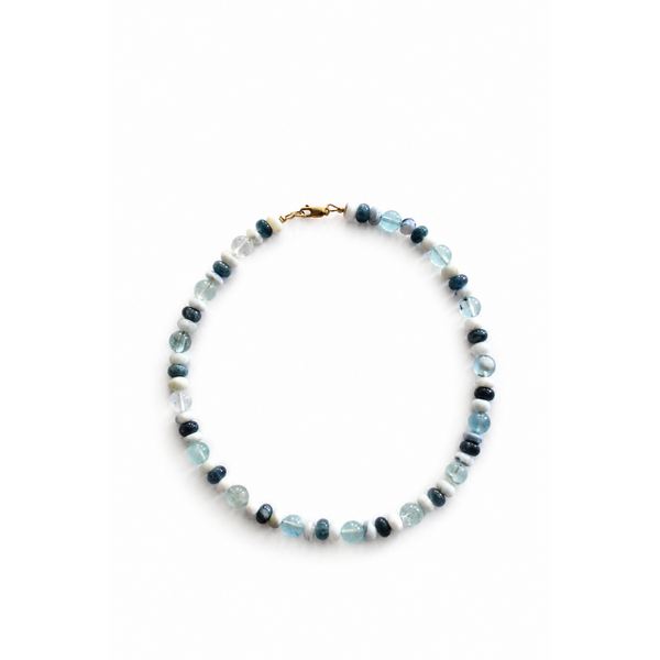 Gold Filled Blue Jade,Blue/White Indian Opal & Aqua Beaded Necklace 16"