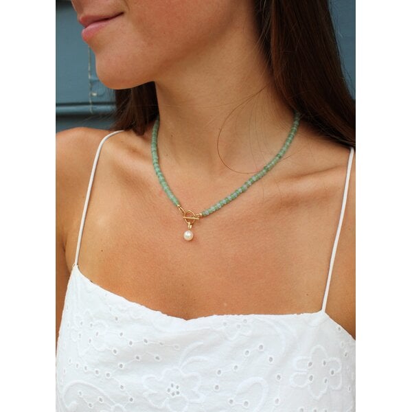 Gold Filled Green & Blue Jade Handcrafted Beaded Necklace with Toggle Clasp 16.75"