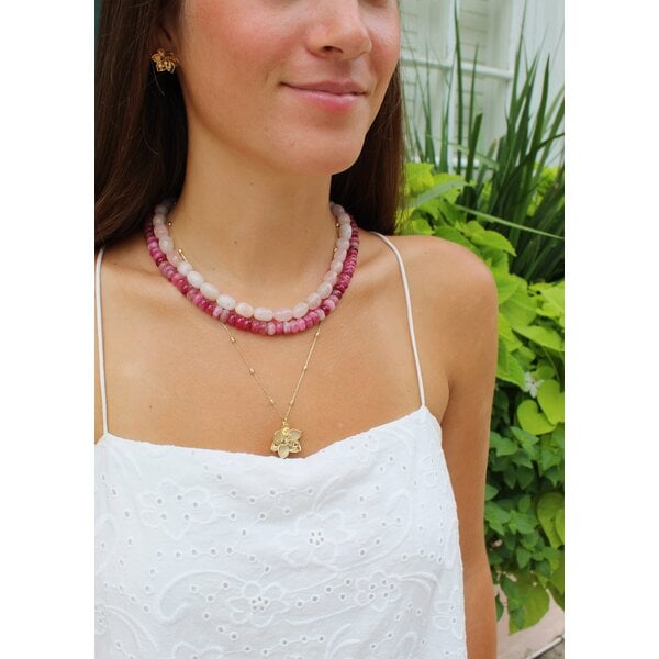 Gold Filled 8x5mm Dark Pink Jade Beaded Necklace 16"-18.5" Adjustable