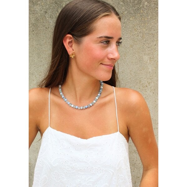 Gold Filled 9mm Aqua & Bluish White Indian Opal Beaded Necklace 16"-18.5" Adjustable