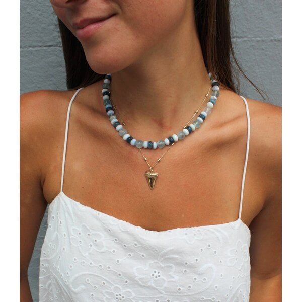 Gold Filled Blue Jade,Blue/White Indian Opal & Aqua Beaded Necklace 16"