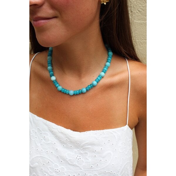 Gold Filled Teal Jade & Hemimorphite Beaded Necklace 17"