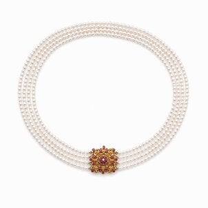 18KY 1960's .50ct Ruby .02ct Dia 4-4.5mm Pearl 4-Strand Necklace 17"-18"19"20"