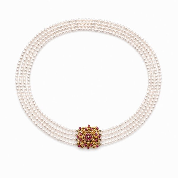 18K Yellow Gold 1960's .50ct Ruby & .02ct Diamond 4-4.5mm Pearl 4-Strand Necklace 17"-18"19"20"