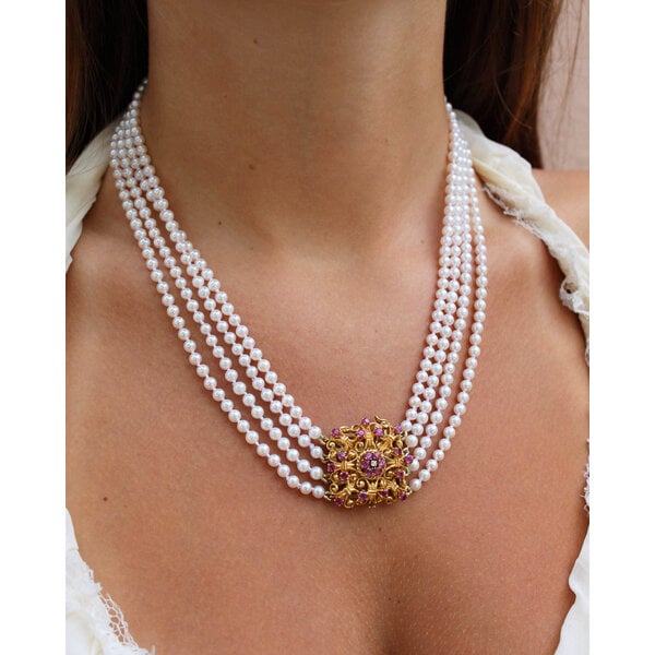 18K Yellow Gold 1960's .50ct Ruby & .02ct Diamond 4-4.5mm Pearl 4-Strand Necklace 17"-18"19"20"