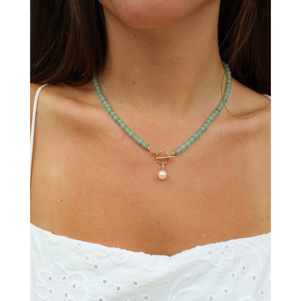 Gold Filled Green & Blue Jade Handcrafted Beaded Necklace with Toggle Clasp 16.75"