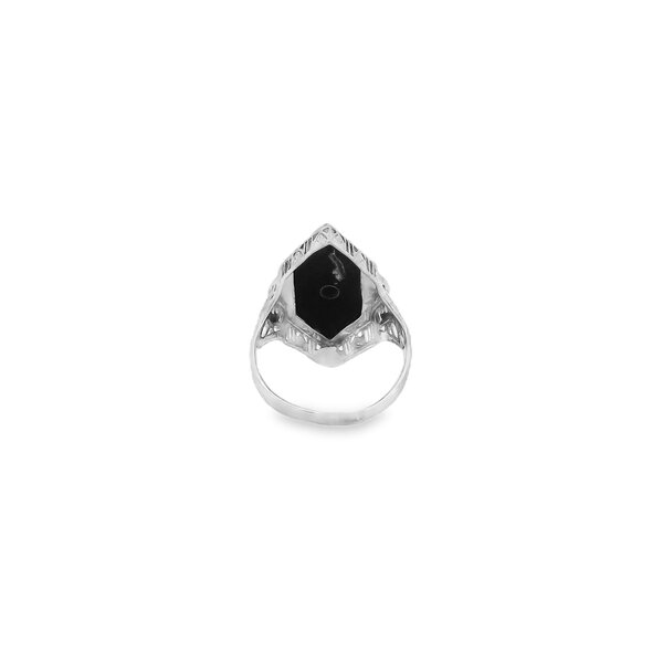 14K White Gold 1930's Carved Onyx .03ct Diamond Filigree Ring Size 7