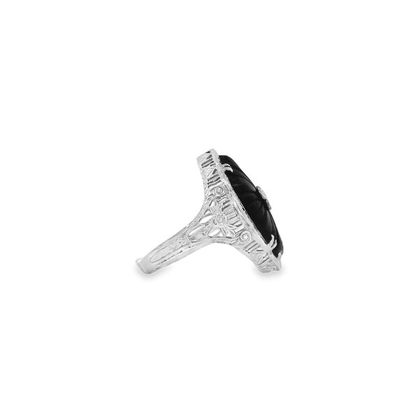 14K White Gold 1930's Carved Onyx .03ct Diamond Filigree Ring Size 7