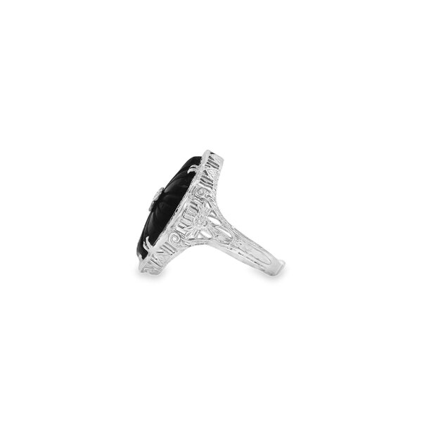 14K White Gold 1930's Carved Onyx .03ct Diamond Filigree Ring Size 7