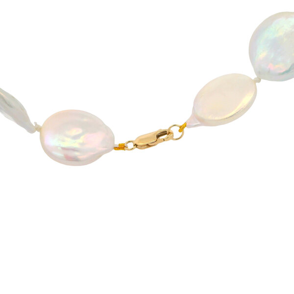 14K Yellow Gold 18-19mm Freshwater Coin Pearl Necklace 16.5"