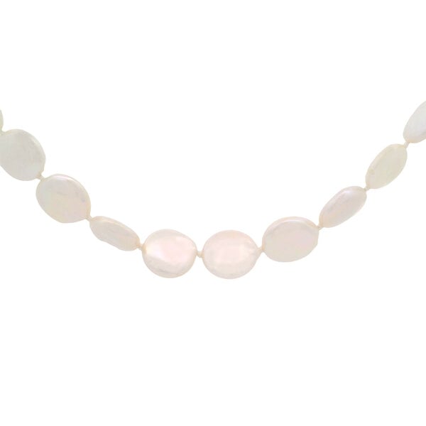 14K Yellow Gold 10-11mm White Freshwater Coin Pearl Necklace 17.5"