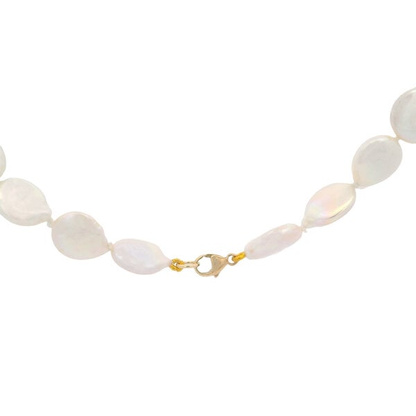 14K Yellow Gold 10-11mm White Freshwater Coin Pearl Necklace 17.5"