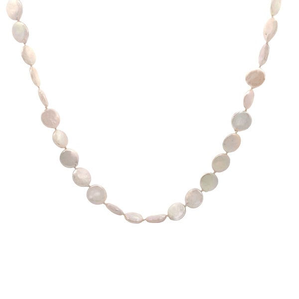 14K Yellow Gold 10-11mm White Freshwater Coin Pearl Necklace 17.5"