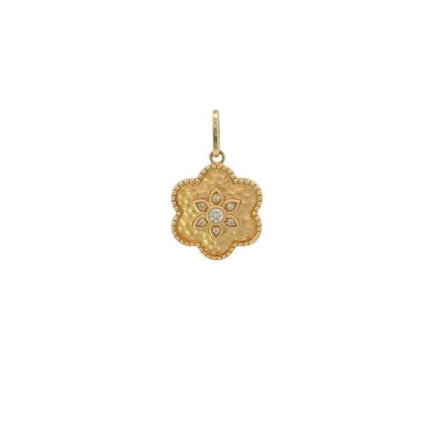 14K Yellow Gold .11ct Diamond Textured Flower Disc Pendant 28x19mm