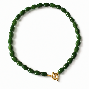 GF 12x8mm British Columbia Green Jade Rice Beaded Necklace 16" w Toggle Clasp