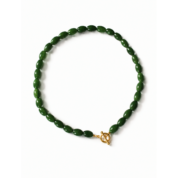 Gold Filled 12x8mm British Columbia Green Jade Rice Beaded Necklace 16" with Toggle Clasp