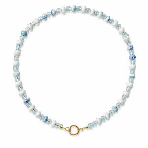 GF Light Blueish White Opal & Aquamarine Beaded Necklace 18" w Push Clasp