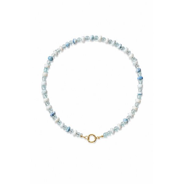 Gold Filled Light Blueish White Opal & Aquamarine Beaded Necklace 18" with Push Clasp