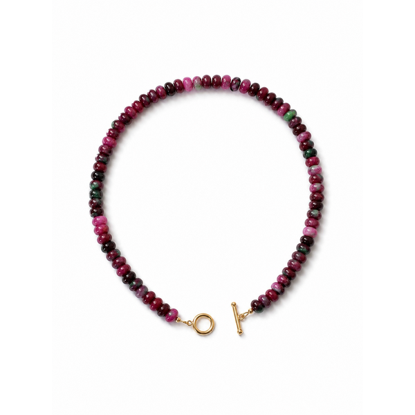 Gold Filled 8x5mm Dark Pinkish Purple/Green Jade Beaded Toggle Necklace 16"
