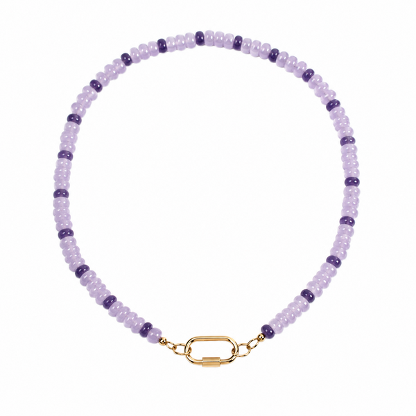 Gold Filled Light Purple Jade & Dark Purple Jade Beaded Necklace 17.5" with Carabiner Clasp
