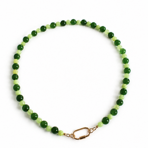 GF Round Green Jade & Round Calcite Beaded Necklace 18.25" w Carabiner Clasp