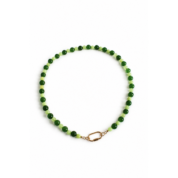 Gold Filled Round Green Jade & Round Calcite Beaded Necklace 18.25" with Carabiner Clasp