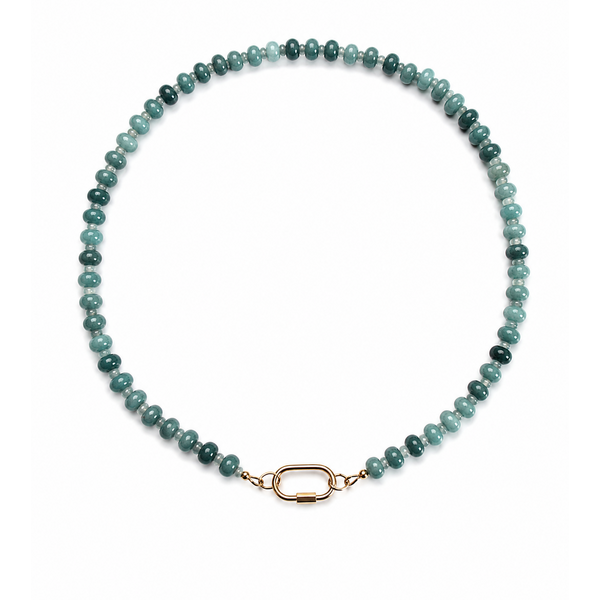 Gold Filled Dusty Blue Jade & Light Blue Jade Beaded Necklace 17.75" with Carabiner Clasp