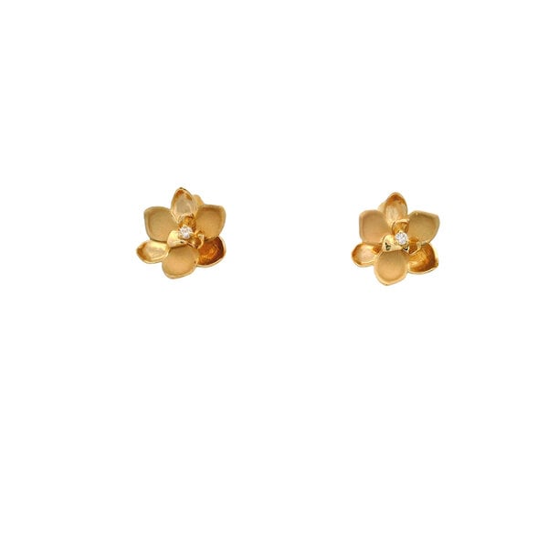 14K Yellow Gold Gold Creations Original Polished/Brushed .09ct  Natural Diamond Magnolia Post Earrings