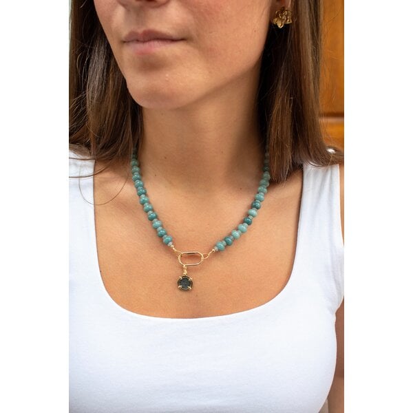 Gold Filled Dusty Blue Jade & Light Blue Jade Beaded Necklace 17.75" with Carabiner Clasp