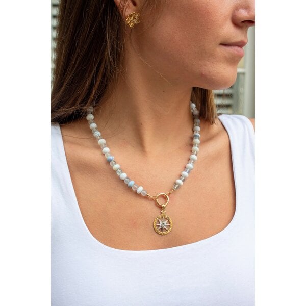 Gold Filled Light Blueish White Opal & Aquamarine Beaded Necklace 18" with Push Clasp