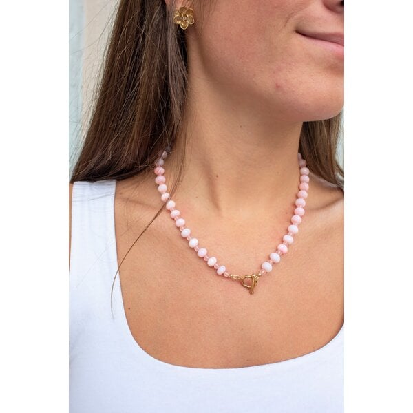 Gold Filled Light Pink Opal & Light Pink Jade Beaded Necklace 17.75" with Toggle Clasp