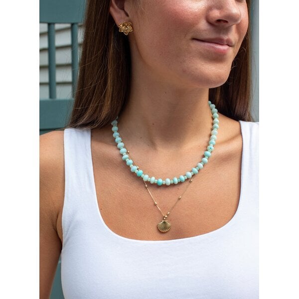 Gold Filled Sky Blue Opal & 4mm Round Blue Jade Beaded Necklace 17"-19.5" Adjustable