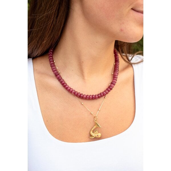 Gold Filled 8x5mm Dark Pink Jade Beaded Necklace 16"-18" Adjustable