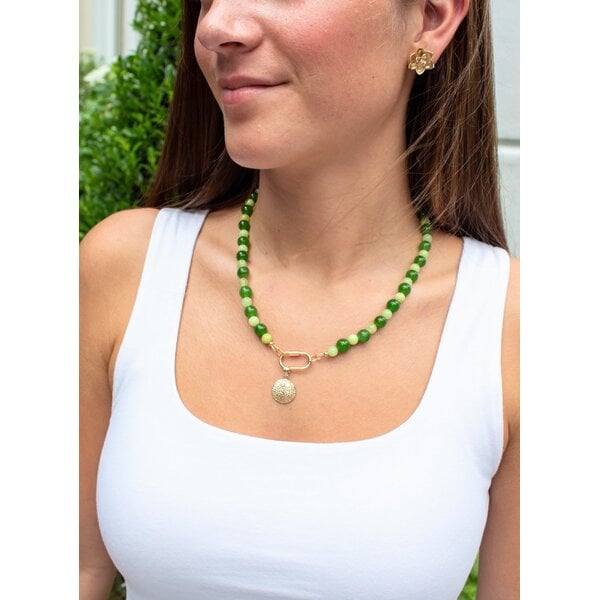 Gold Filled Round Green Jade & Round Calcite Beaded Necklace 18.25" with Carabiner Clasp