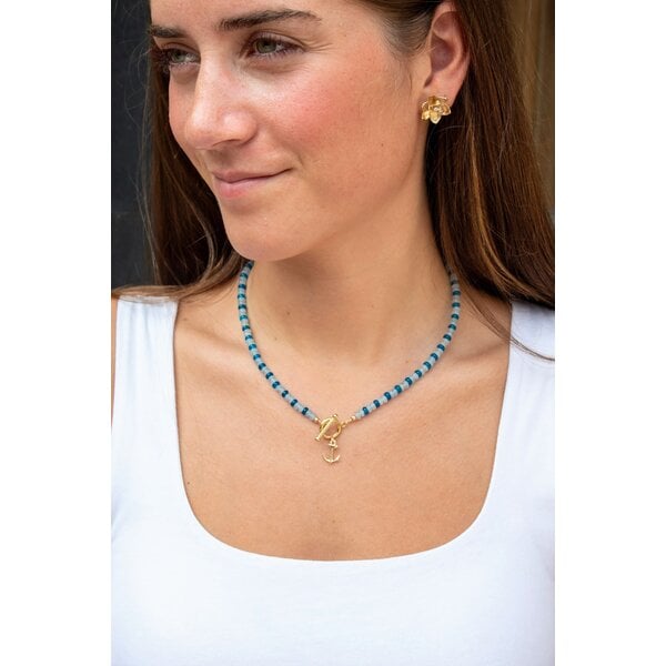 Gold Filled 4x3mm Dark & Light Blue Jade Beaded Necklace 16.5" with Toggle Clasp
